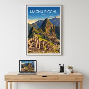 May include: A framed vertical wall art print featuring a colorful illustration of the Machu Picchu ruins in Peru, with the text "MACHU PICCHU Peru" at the top. The artwork depicts stone structures, green terraces, and mountain peaks.