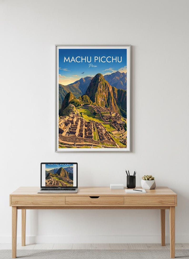 May include: A framed vertical wall art print featuring a colorful illustration of the Machu Picchu ruins in Peru, with the text "MACHU PICCHU Peru" at the top. The artwork depicts stone structures, green terraces, and mountain peaks.