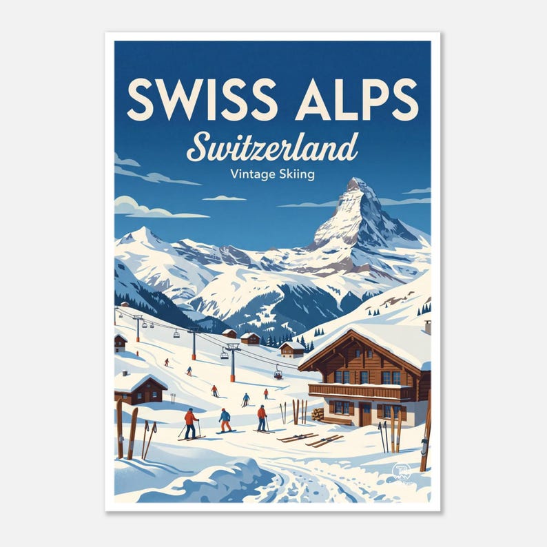 Swiss Alps Vintage Ski Art Print | Retro Switzerland Mountain Wall Decor (Digital Download) image 1