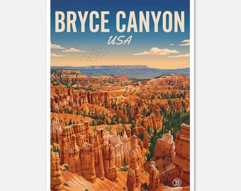 May include: A vintage-style travel poster for Bryce Canyon National Park, USA. The poster features a scenic view of the canyon's unique rock formations in shades of orange and red, under a blue sky with the text "BRYCE CANYON USA".