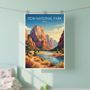 May include: A poster featuring a landscape of Zion National Park in Utah. The artwork depicts a river winding through towering red rock formations under a blue sky. The poster is held by star-shaped clips.