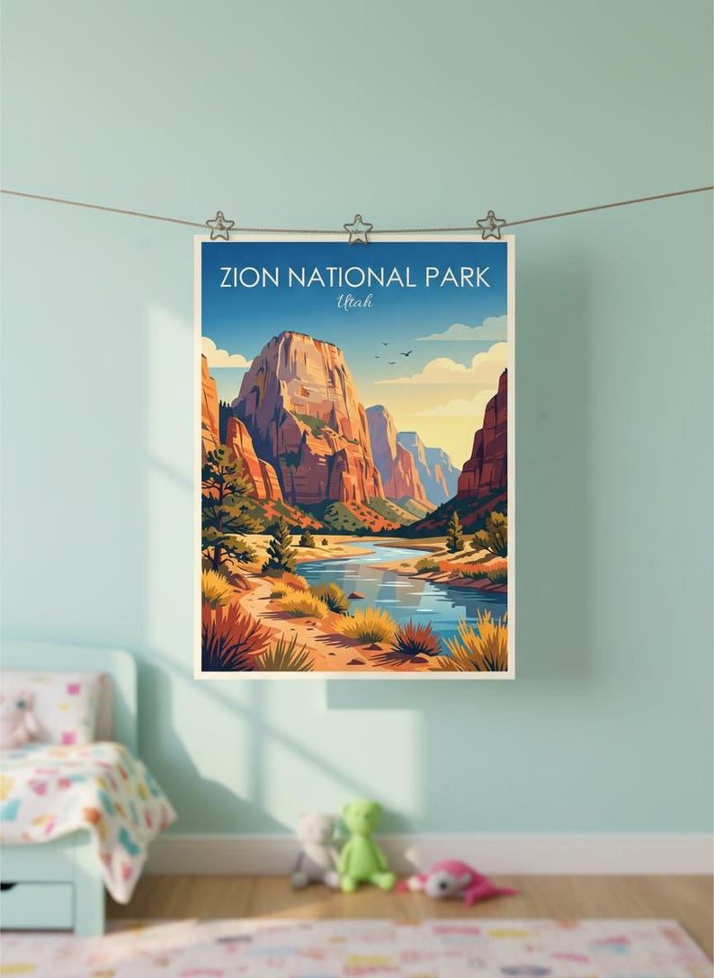May include: A poster featuring a landscape of Zion National Park in Utah. The artwork depicts a river winding through towering red rock formations under a blue sky. The poster is held by star-shaped clips.