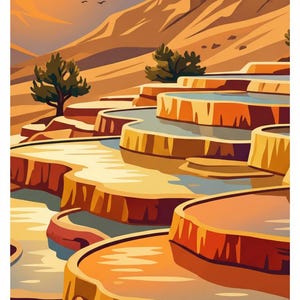 Peut inclure: Une illustration num&eacute;rique de terrasses en travertin &eacute;tag&eacute;es remplies d'eau bleu clair, sur fond de paysage d&eacute;sertique avec des montagnes dor&eacute;es, un soleil couchant et de petits oiseaux volant au loin sous un ciel orange chaud.