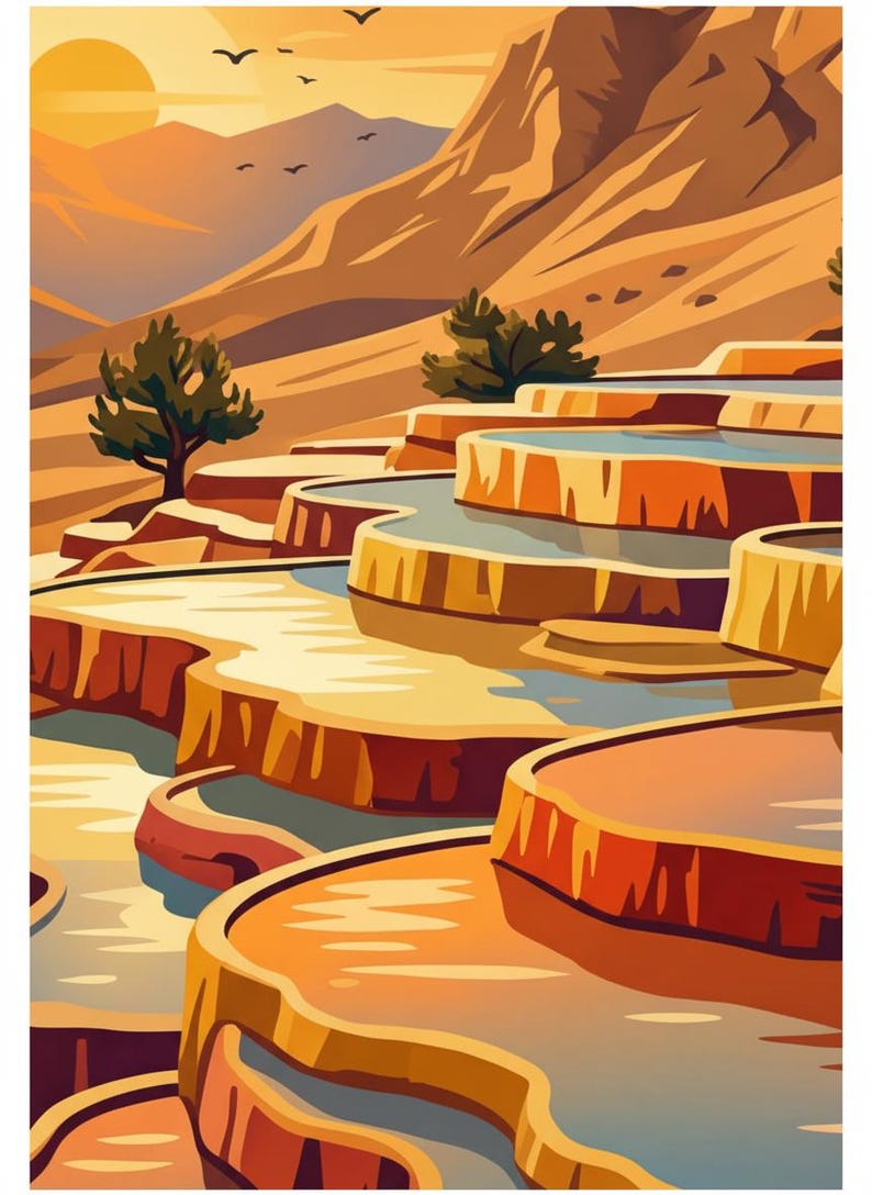 Peut inclure: Une illustration num&eacute;rique de terrasses en travertin &eacute;tag&eacute;es remplies d'eau bleu clair, sur fond de paysage d&eacute;sertique avec des montagnes dor&eacute;es, un soleil couchant et de petits oiseaux volant au loin sous un ciel orange chaud.