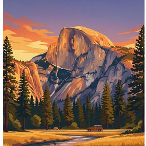 May include: A scenic landscape illustration featuring a mountain range at sunset. The artwork depicts a river, trees, and a vehicle. The color palette includes shades of orange, brown, green, and blue, creating a warm and inviting atmosphere.