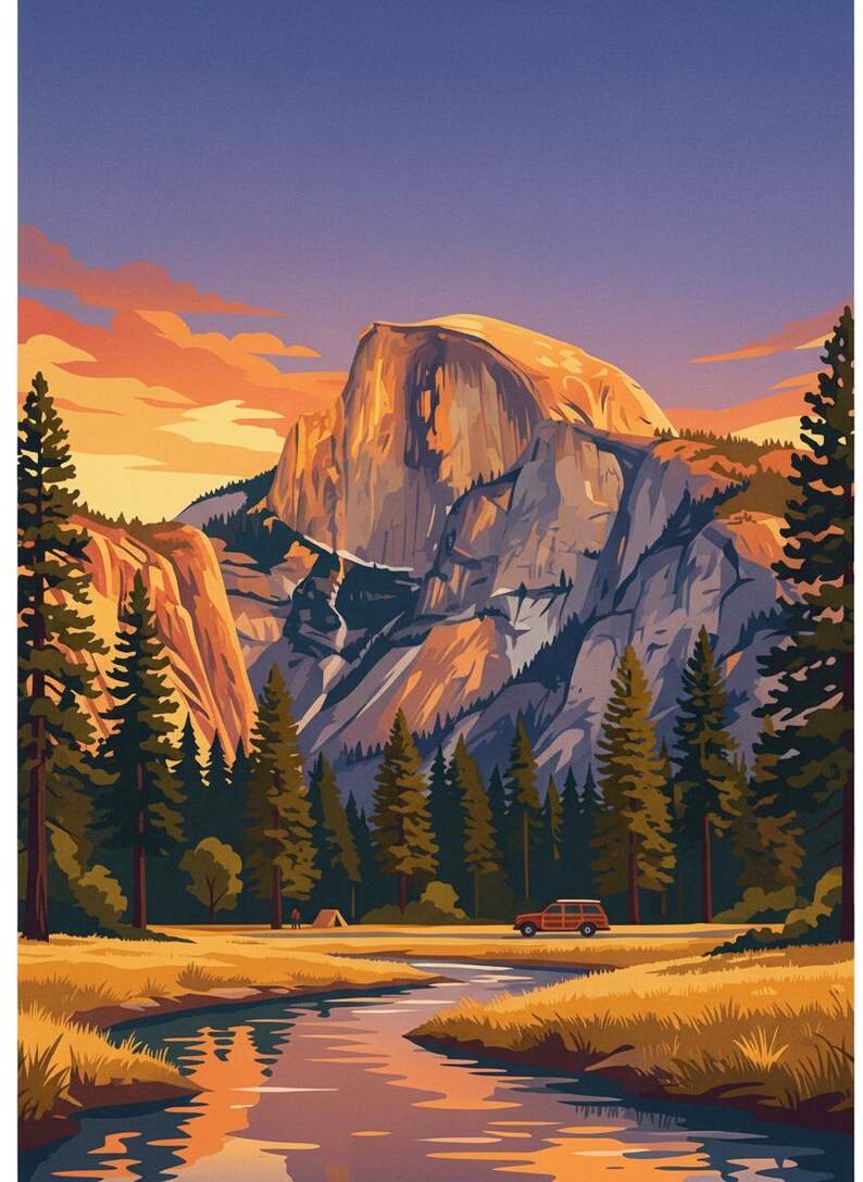 May include: A scenic landscape illustration featuring a mountain range at sunset. The artwork depicts a river, trees, and a vehicle. The color palette includes shades of orange, brown, green, and blue, creating a warm and inviting atmosphere.