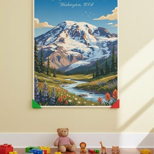 May include: A framed poster of Mount Rainier in Washington, USA, with a vibrant landscape of a river, wildflowers, and snow-capped mountains. The poster has blue, yellow, green, and red corner protectors. Toys are scattered on the floor.