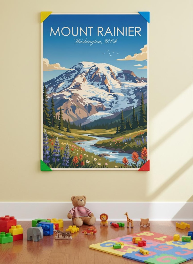 May include: A framed poster of Mount Rainier in Washington, USA, with a vibrant landscape of a river, wildflowers, and snow-capped mountains. The poster has blue, yellow, green, and red corner protectors. Toys are scattered on the floor.