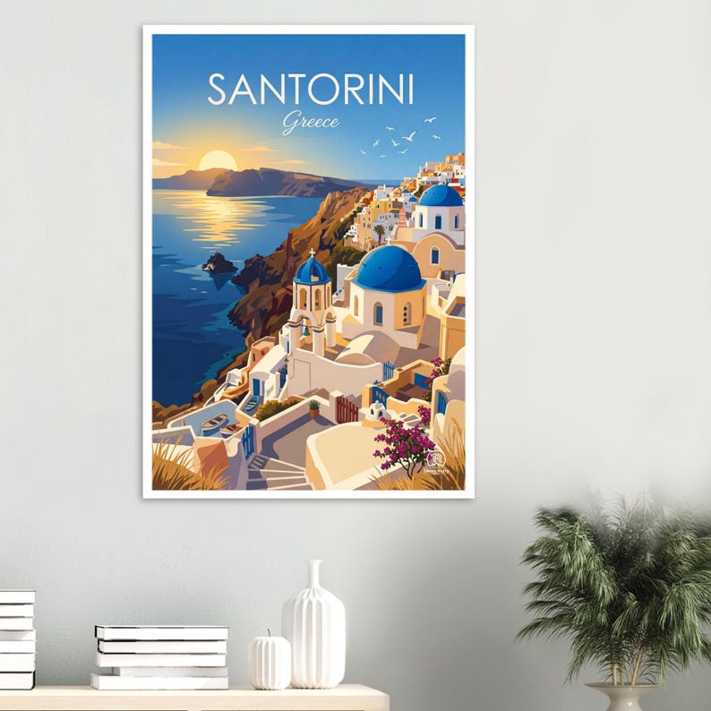 Arte digital de Santorini / Póster de viaje a Grecia / Lámina imprimible de la isla griega / Decoración de pared mediterránea / Descarga instantánea imagen 3