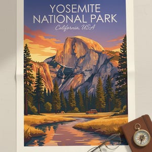 May include: Yosemite National Park poster featuring a scenic landscape with a mountain, river, and trees. The poster has a vintage travel aesthetic with text that reads "Yosemite National Park, California, USA". A compass, glasses, and a notebook are on the table.