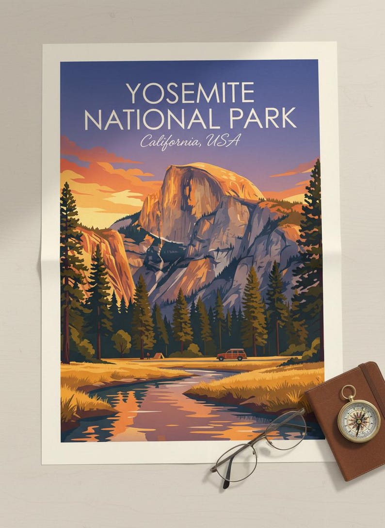 May include: Yosemite National Park poster featuring a scenic landscape with a mountain, river, and trees. The poster has a vintage travel aesthetic with text that reads "Yosemite National Park, California, USA". A compass, glasses, and a notebook are on the table.