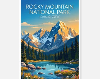 May include: A vertical poster featuring a landscape of Rocky Mountain National Park, Colorado, USA. The scene depicts snow-capped mountains, a blue lake, evergreen trees, and colorful wildflowers under a gradient sky of blue and orange.