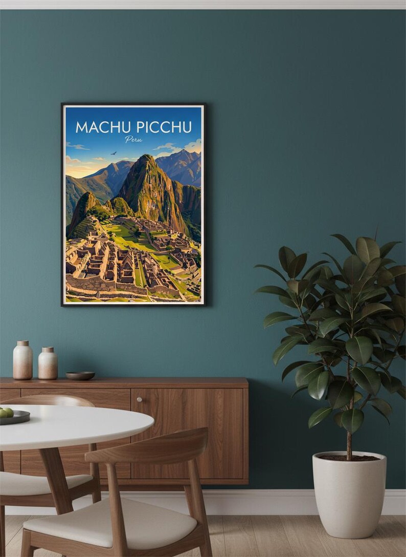 May include: A framed wall art print featuring a colorful illustration of the Machu Picchu ruins in Peru. The artwork displays stone structures, green terraces, and towering mountains under a blue sky with the text Machu Picchu Peru.