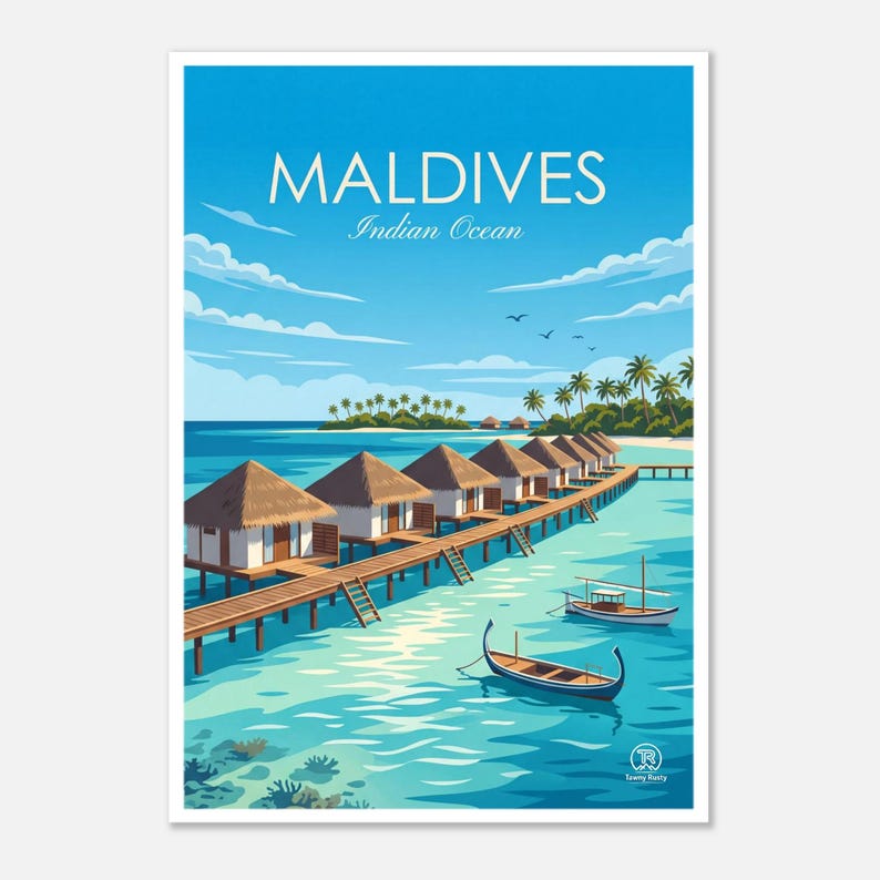 Maldives Travel Poster | Tropical Island Beach Wall Art (Digital Download) image 1