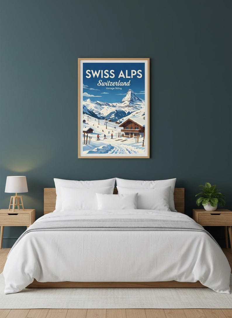 May include: A framed vintage poster of the Swiss Alps in Switzerland, featuring a snowy mountain range and skiers. The poster has a blue sky and a wooden chalet. The text on the poster reads "SWISS ALPS Switzerland Vintage Skiing."