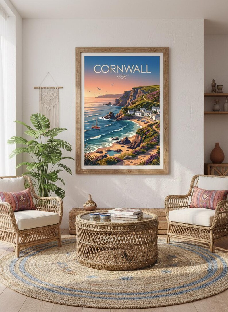 May include: A framed wall art print titled CORNWALL UK featuring a coastal landscape with cliffs, a sandy beach, a small village, and a sailboat on the water at sunset, displayed in a room with two wicker chairs and a round coffee table.