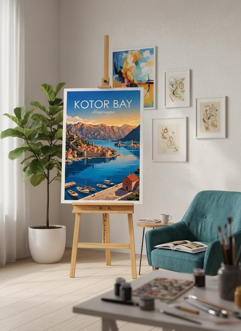 May include: A framed art print of Kotor Bay, Montenegro, displayed on a wooden easel. The print features a vibrant illustration of a coastal town with boats on the water, mountains, and the text "Kotor Bay Montenegro". The scene is set in a room with other framed art.