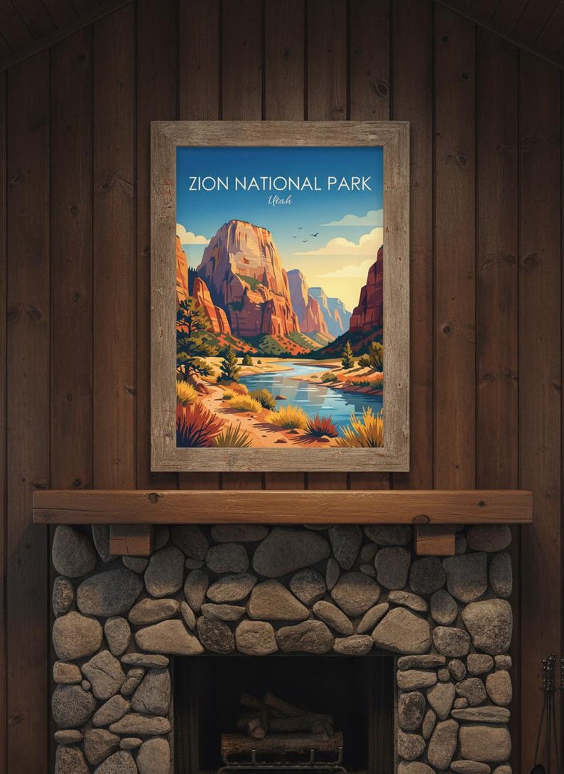 May include: A framed wall art print featuring a stylized illustration of Zion National Park, Utah. The image depicts towering red rock cliffs, a winding blue river, and desert vegetation under a clear sky with the text Zion National Park Utah.