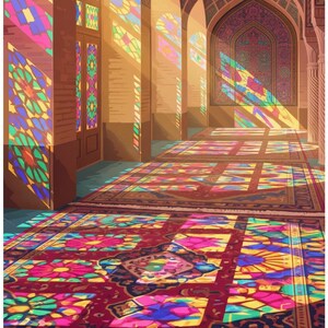 May include: An interior view of a corridor with arched doorways and stone columns. Sunlight streams through stained glass windows, casting vibrant, multi-coloured geometric patterns across the floor and a large, intricate red rug.