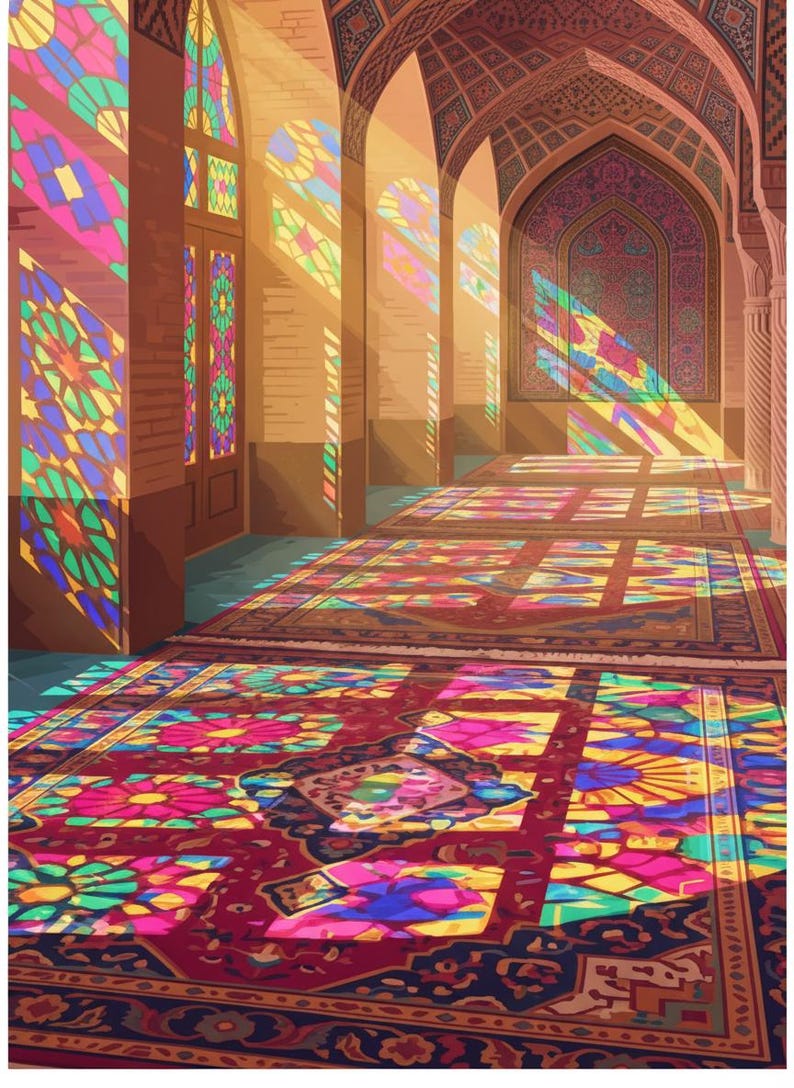 May include: An interior view of a corridor with arched doorways and stone columns. Sunlight streams through stained glass windows, casting vibrant, multi-coloured geometric patterns across the floor and a large, intricate red rug.
