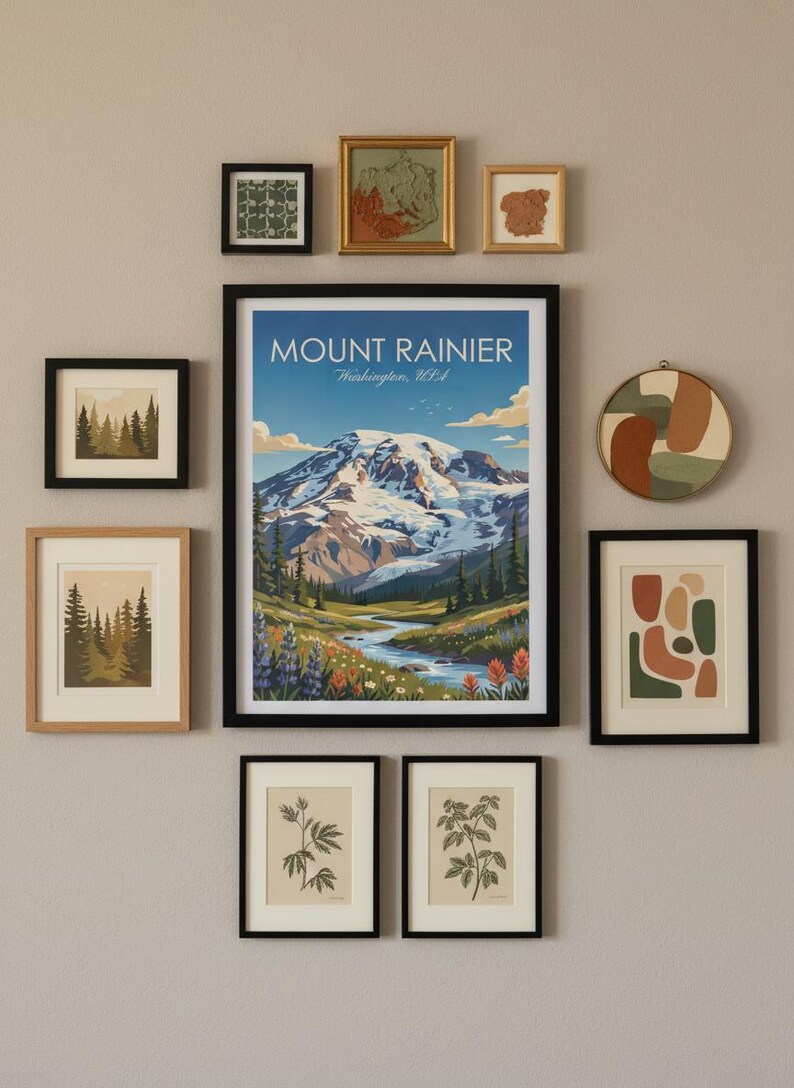 May include: A gallery wall arrangement featuring framed art prints. The central piece is a Mount Rainier poster with a mountain landscape. Other prints include forest scenes, botanical illustrations, and abstract art. The frames are black and natural wood.