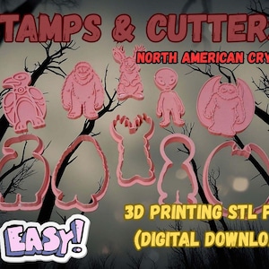 North American Cryptid Cookie Cutter & Stamp STL Set | Bigfoot Mothman Jackalope Alien Raven 3D Print Files