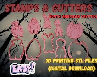Juego de cortadores y sellos de críptidos norteamericanos en formato STL / Archivos de impresión 3D de Bigfoot, Mothman, Jackalope, Alien y Raven