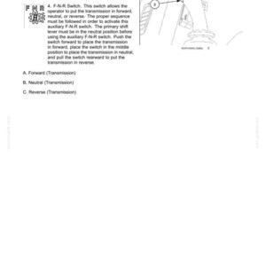 May include: Diagram of a vehicle's controls and instruments, including a transmission downshift button and an F-N-R switch. Text explains the function of each control, with options for forward, neutral, and reverse.