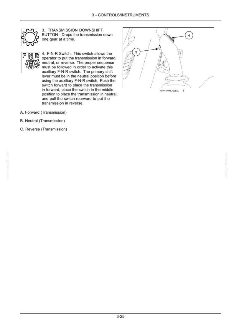 May include: Diagram of a vehicle's controls and instruments, including a transmission downshift button and an F-N-R switch. Text explains the function of each control, with options for forward, neutral, and reverse.