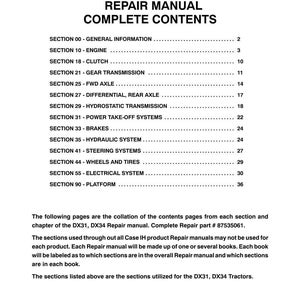 May include: A white page from a repair manual for DX31 and DX34 tractors. The title "REPAIR MANUAL COMPLETE CONTENTS" is at the top. Sections include engine, clutch, gear transmission, and more. The manual is from 2006.