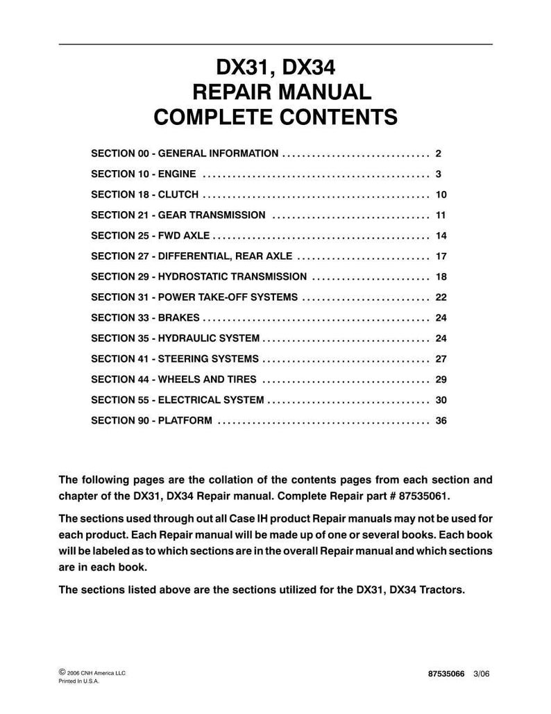 May include: A white page from a repair manual for DX31 and DX34 tractors. The title "REPAIR MANUAL COMPLETE CONTENTS" is at the top. Sections include engine, clutch, gear transmission, and more. The manual is from 2006.