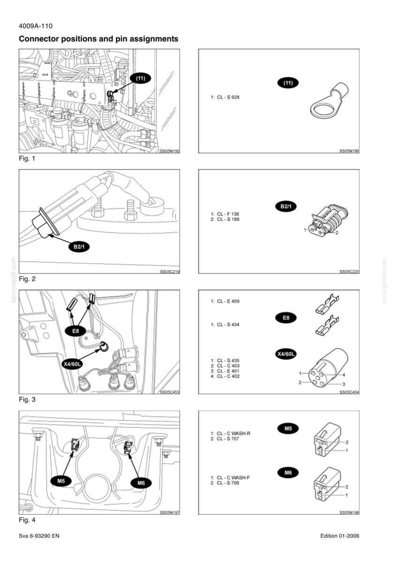 May include: A technical document titled 4009A-110 Connector positions and pin assignments, featuring four black and white line drawings labeled Fig. 1 through Fig. 4, illustrating electrical components, wiring, and specific connector pin layouts.