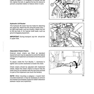 May include: A technical manual page titled SECTION 3 - FIELD OPERATION, featuring three black and white line drawings of tractor components labeled Top Link, Hydraulic Lift Rocker, and Adjustable Check Chains with numbered adjustment instructions.