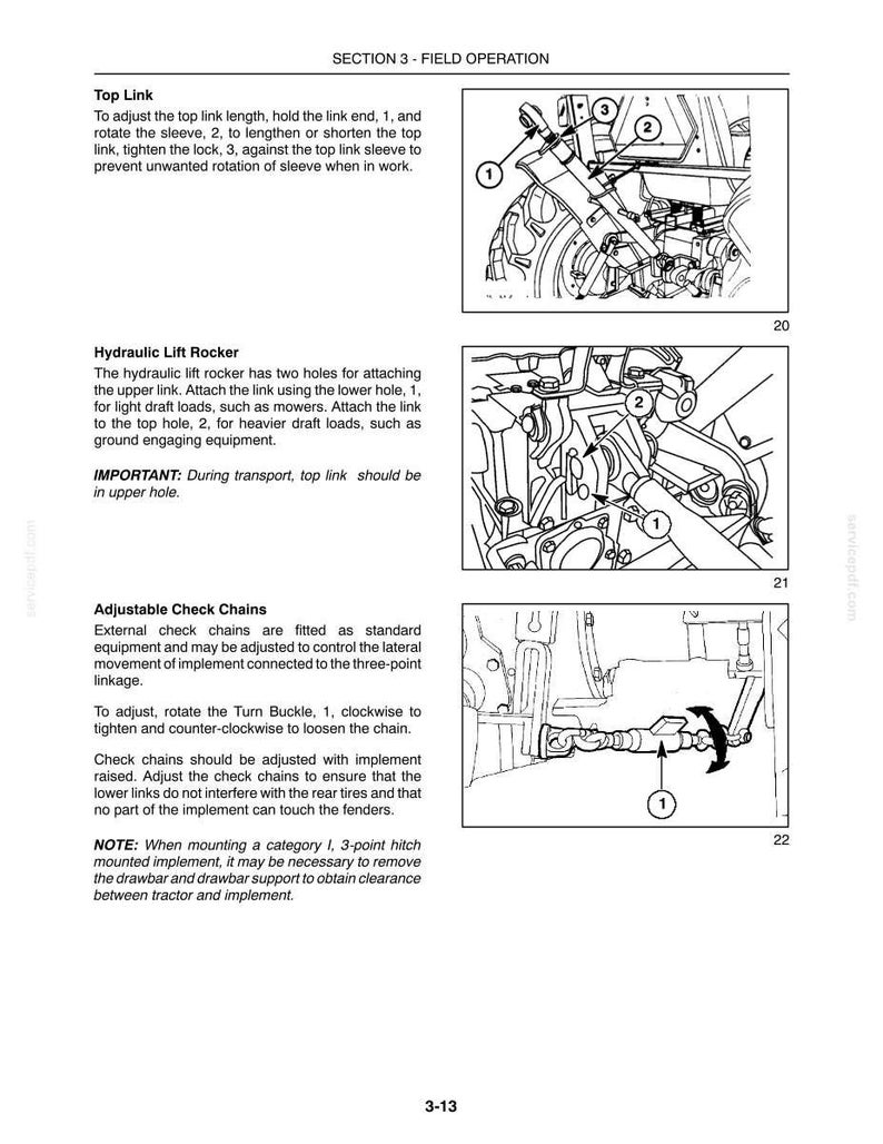 May include: A technical manual page titled SECTION 3 - FIELD OPERATION, featuring three black and white line drawings of tractor components labeled Top Link, Hydraulic Lift Rocker, and Adjustable Check Chains with numbered adjustment instructions.