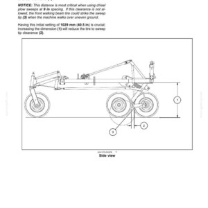 May include: Diagram of a machine with wheels, detailing measurements and labels for working operations. The text specifies a measurement of 1029 mm (40.5 in) from the ground to the frame. The side view is labeled.