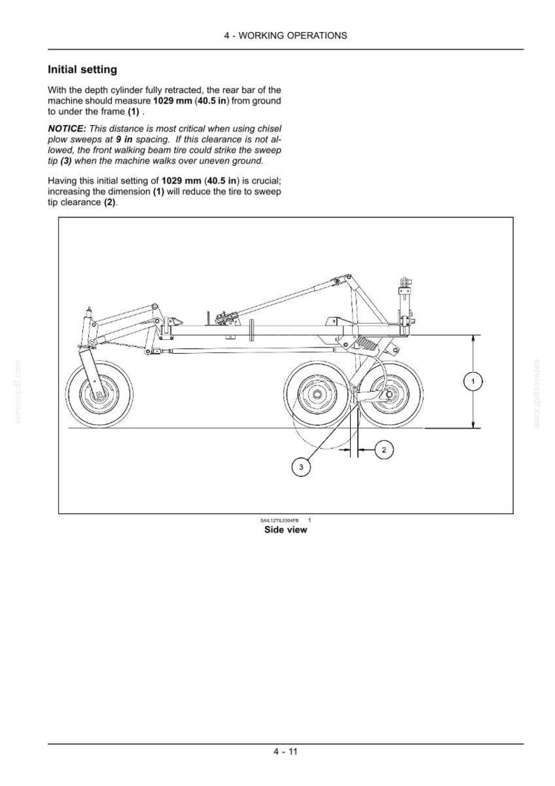 May include: Diagram of a machine with wheels, detailing measurements and labels for working operations. The text specifies a measurement of 1029 mm (40.5 in) from the ground to the frame. The side view is labeled.
