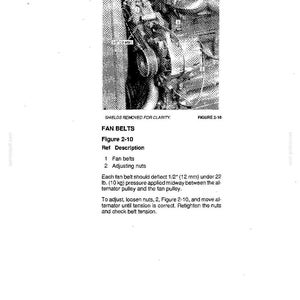 May include: A technical manual page titled LUBRICATION AND MAINTENANCE EVERY 50 HOURS OF OPERATION. It features a black and white photograph of an engine with fan belts and adjusting nuts labeled 1 and 2. Text specifies a 1/2 inch deflection under 22 lb pressure.