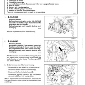 May include: Diagram of a feeder housing removal procedure, with safety warnings and numbered steps. Includes images of machinery components, jack stands, and connector points. Text includes instructions and safety precautions.