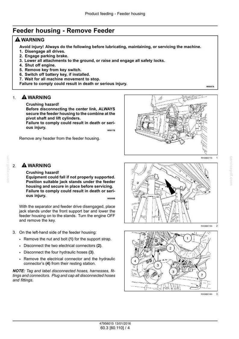 May include: Diagram of a feeder housing removal procedure, with safety warnings and numbered steps. Includes images of machinery components, jack stands, and connector points. Text includes instructions and safety precautions.