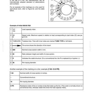 May include: A technical document page titled Section 3 - Field Operation, featuring a diagram of a tire with numbered callouts from 1 to 8. It explains tire markings, load capacity index, speed codes, and dimensions for agricultural equipment tires.