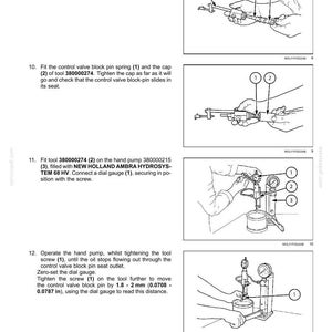 Puede incluir: Diagrama de una v&aacute;lvula de control de enganche de tres puntos de un sistema hidr&aacute;ulico, con componentes numerados e instrucciones. Incluye un indicador de cuadrante y una bomba manual. Medidas en mm.