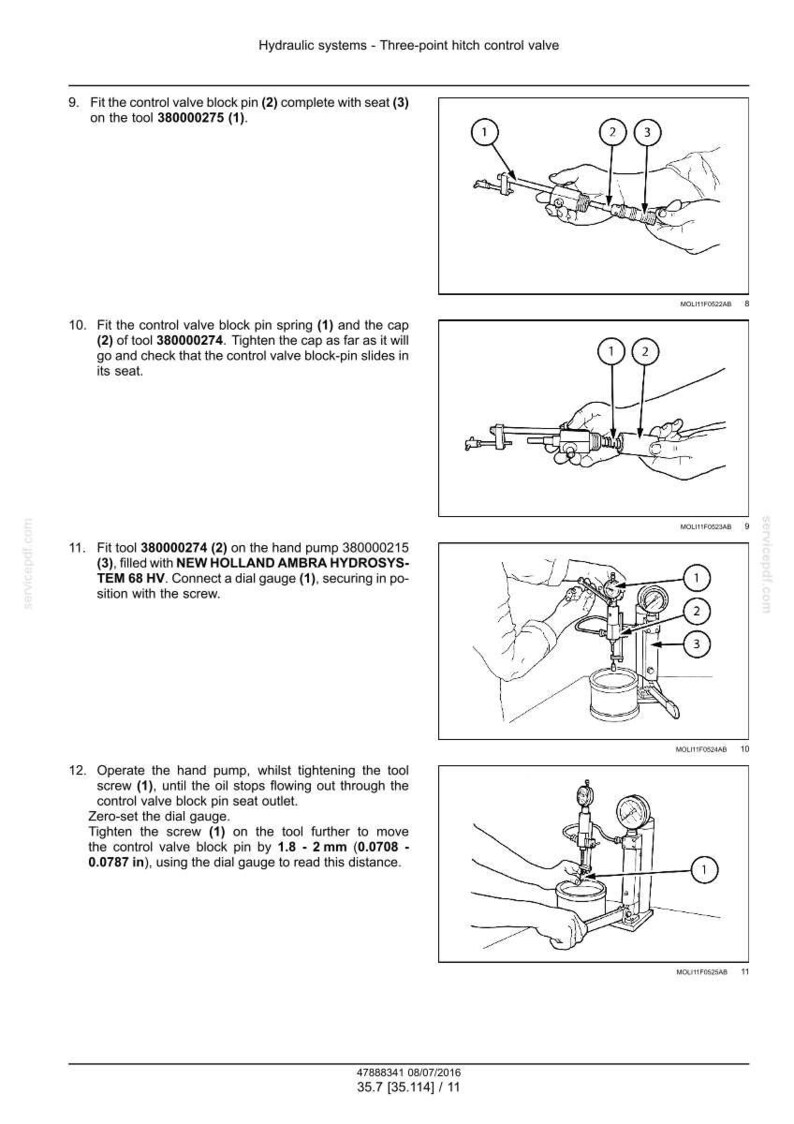 Puede incluir: Diagrama de una v&aacute;lvula de control de enganche de tres puntos de un sistema hidr&aacute;ulico, con componentes numerados e instrucciones. Incluye un indicador de cuadrante y una bomba manual. Medidas en mm.