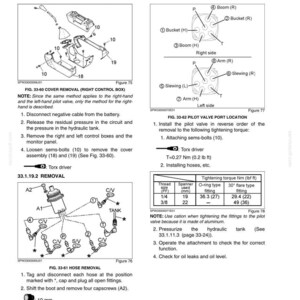 May include: A technical manual page titled Section 3 - Disassembly and Assembly, Chapter 33 - Upper Slewing Structure. It contains diagrams for pilot valve removal and installation, including hose removal steps, port locations, and a torque table.