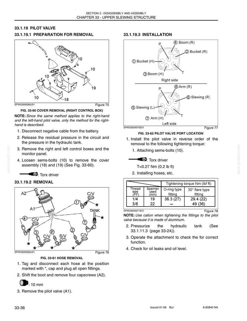May include: A technical manual page titled Section 3 - Disassembly and Assembly, Chapter 33 - Upper Slewing Structure. It contains diagrams for pilot valve removal and installation, including hose removal steps, port locations, and a torque table.