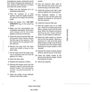 May include: A page from a manual detailing lubrication, filters, and fluids for a machine. Instructions include changing hydraulic oil, replacing filters, and cleaning the suction screen. Text includes "DO NOT OPERATE" and measurements in gallons and liters.