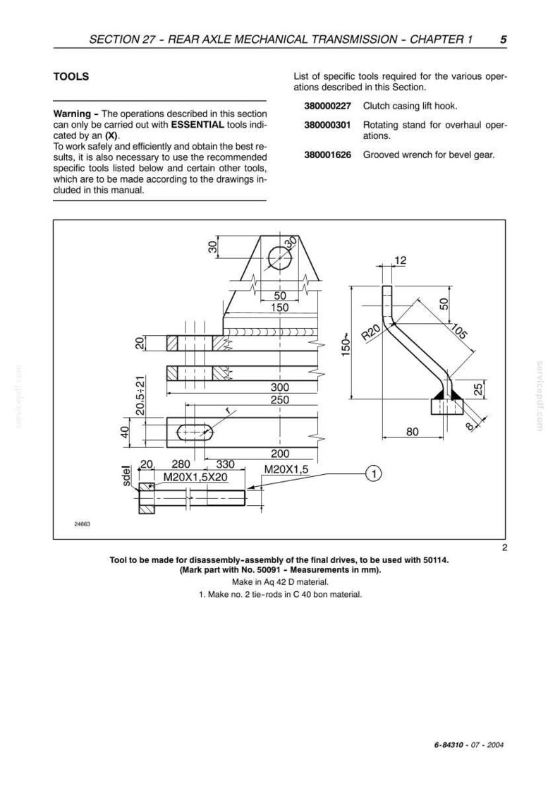 May include: A technical manual page titled Section 27 Rear Axle Mechanical Transmission Chapter 1. It displays a black and white engineering diagram of a metal component with various measurements in millimeters, including 300, 250, 200, and 150.