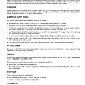 May include: A page of basic instructions with headings like "Battery," "Shimming," and "Rotating Shaft Seals." The text provides detailed steps for mechanical procedures, including seal installation and bearing fitting. The document includes technical terms and safety precautions.
