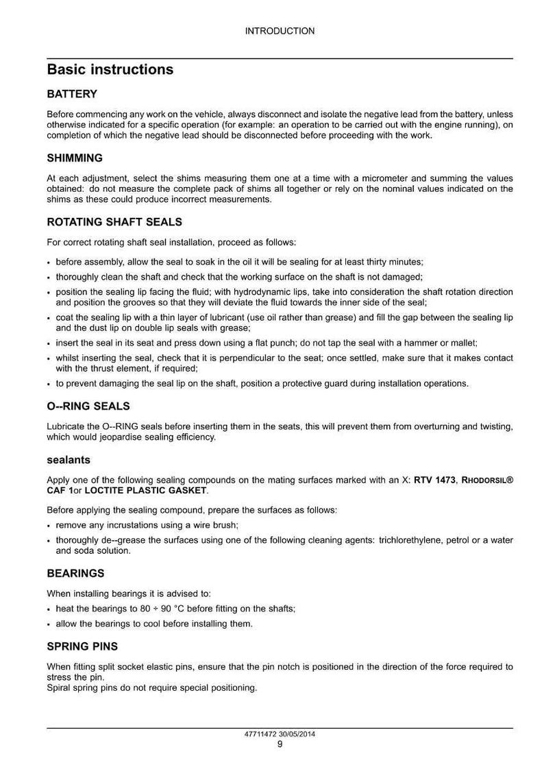 May include: A page of basic instructions with headings like "Battery," "Shimming," and "Rotating Shaft Seals." The text provides detailed steps for mechanical procedures, including seal installation and bearing fitting. The document includes technical terms and safety precautions.