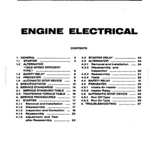 May include: A black and white technical document page titled ENGINE ELECTRICAL, numbered 16 at the top right. It lists a table of contents for engine components including starter, alternator, safety relay, preheater, and automatic stop device.