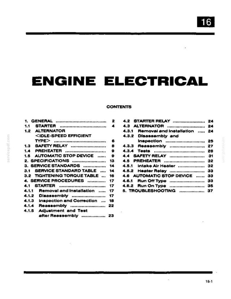 May include: A black and white technical document page titled ENGINE ELECTRICAL, numbered 16 at the top right. It lists a table of contents for engine components including starter, alternator, safety relay, preheater, and automatic stop device.
